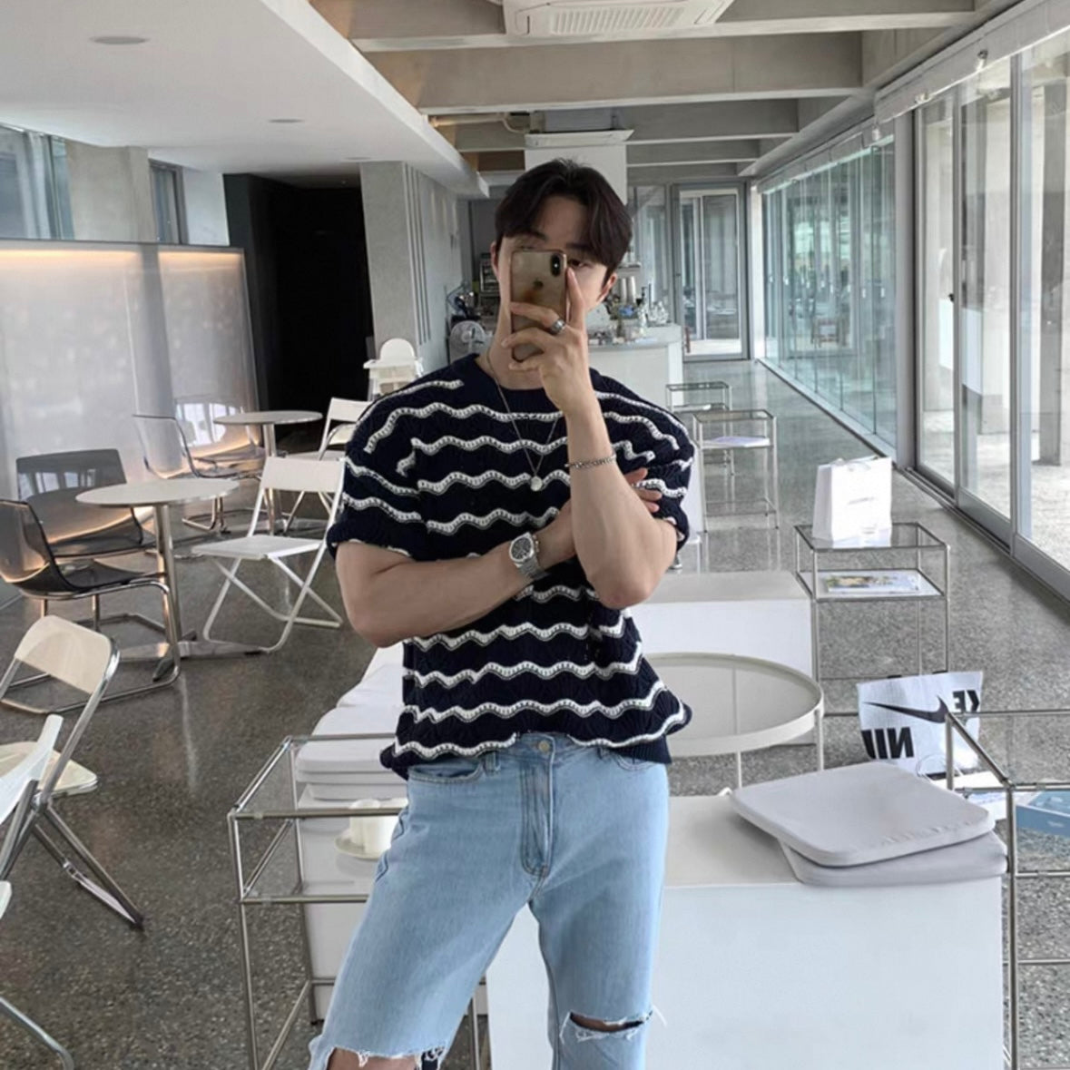 Korean Striped Casual Knit T-shirt