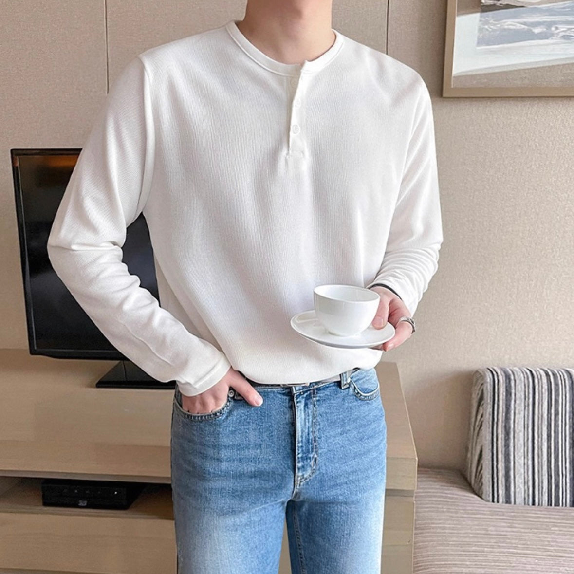 Men's Solid Color Henry Long Sleeve