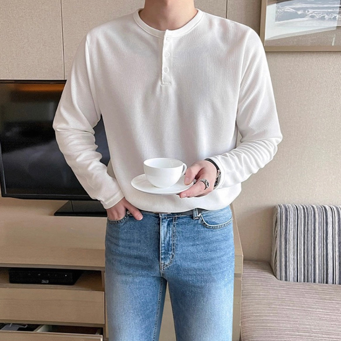 Men's Solid Color Henry Long Sleeve