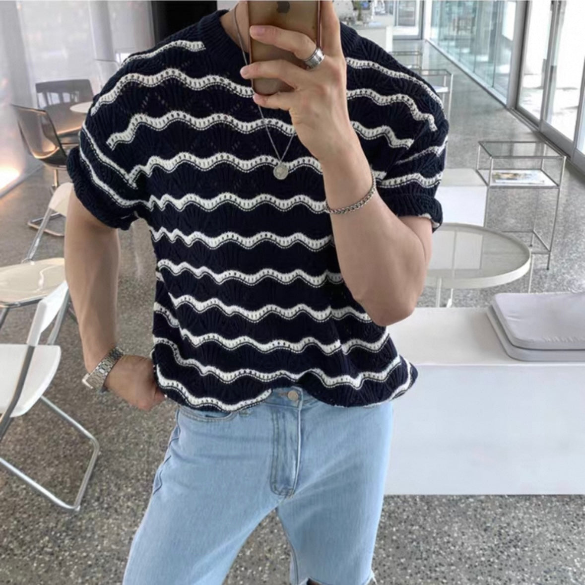 Korean Striped Casual Knit T-shirt