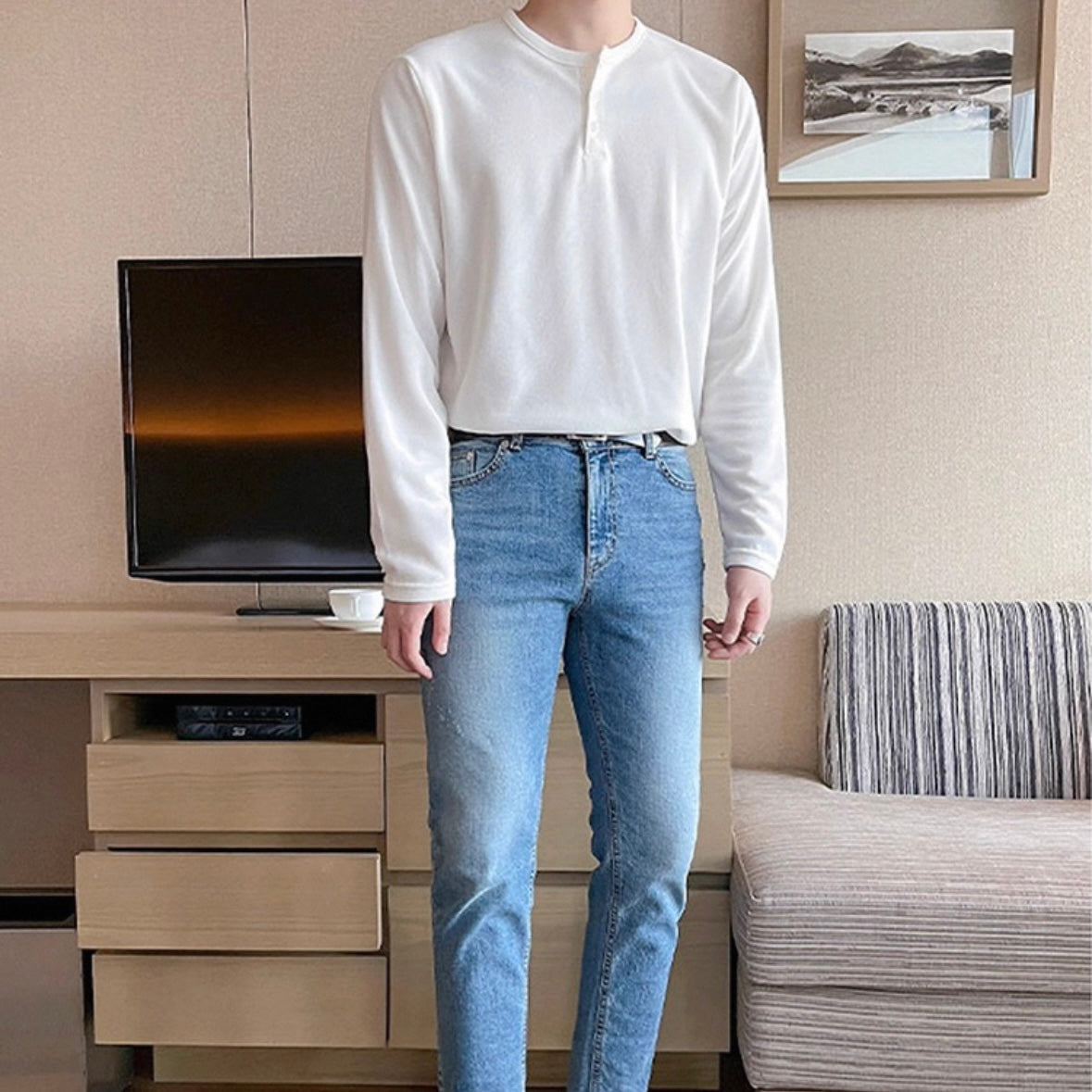 Men's Solid Color Henry Long Sleeve