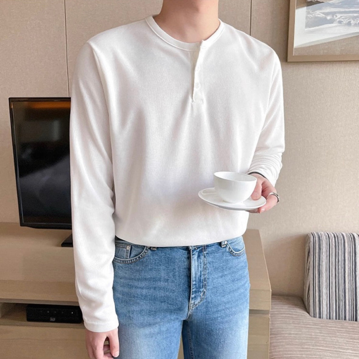 Men's Solid Color Henry Long Sleeve