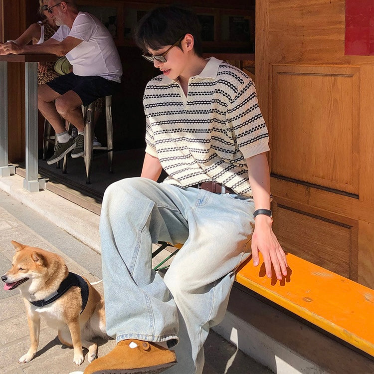 Korean Summer Breeze Striped Knit Polo