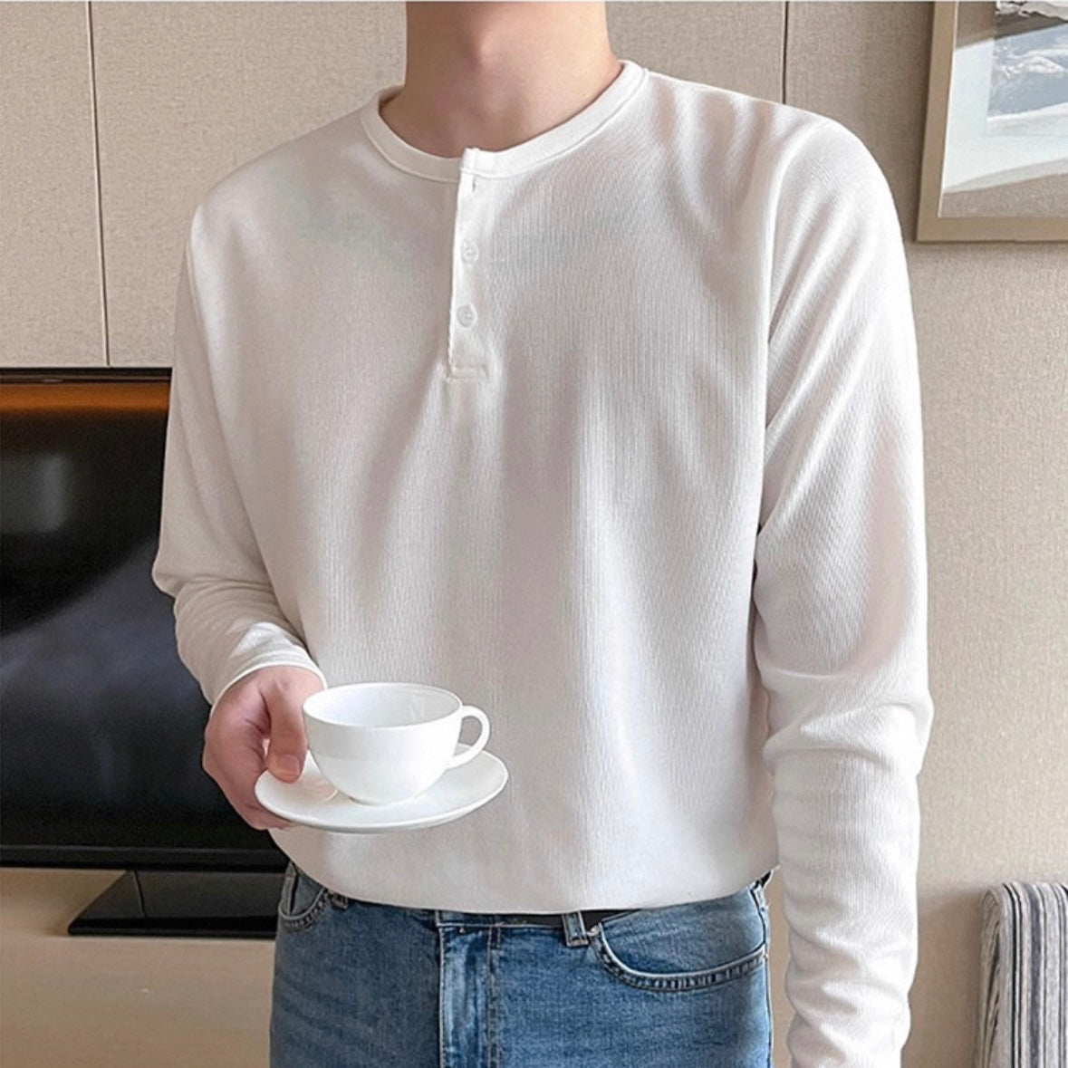 Men's Solid Color Henry Long Sleeve