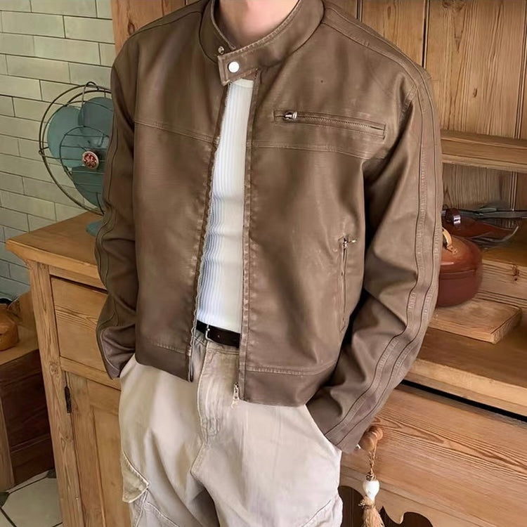Vintage Stand Collar Leather Jacket
