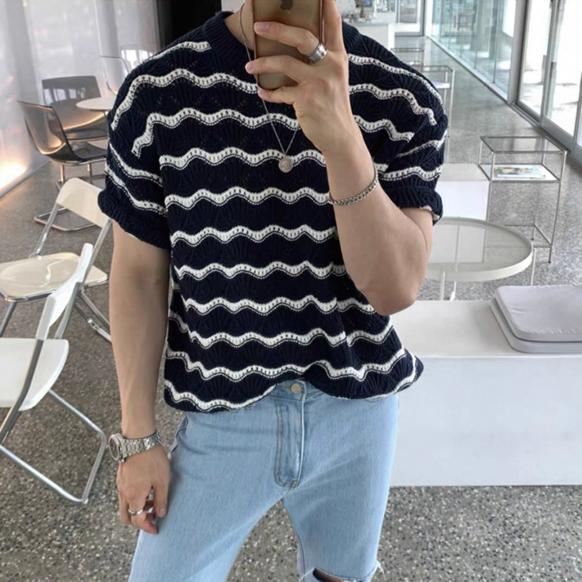 Korean Striped Casual Knit T-shirt