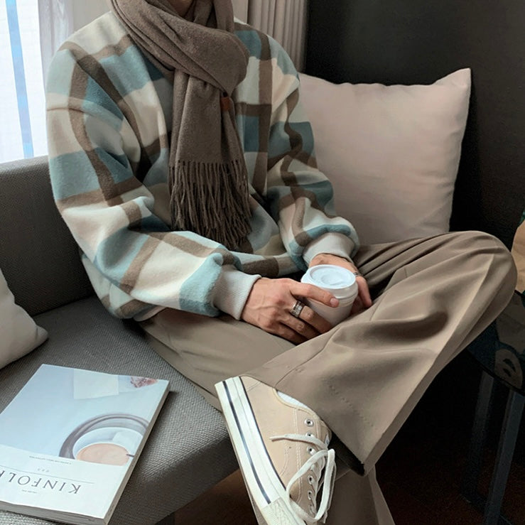 Plaid Sweater Round Neck Top