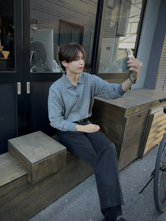 Lapel Twist Pattern Knit Sweater