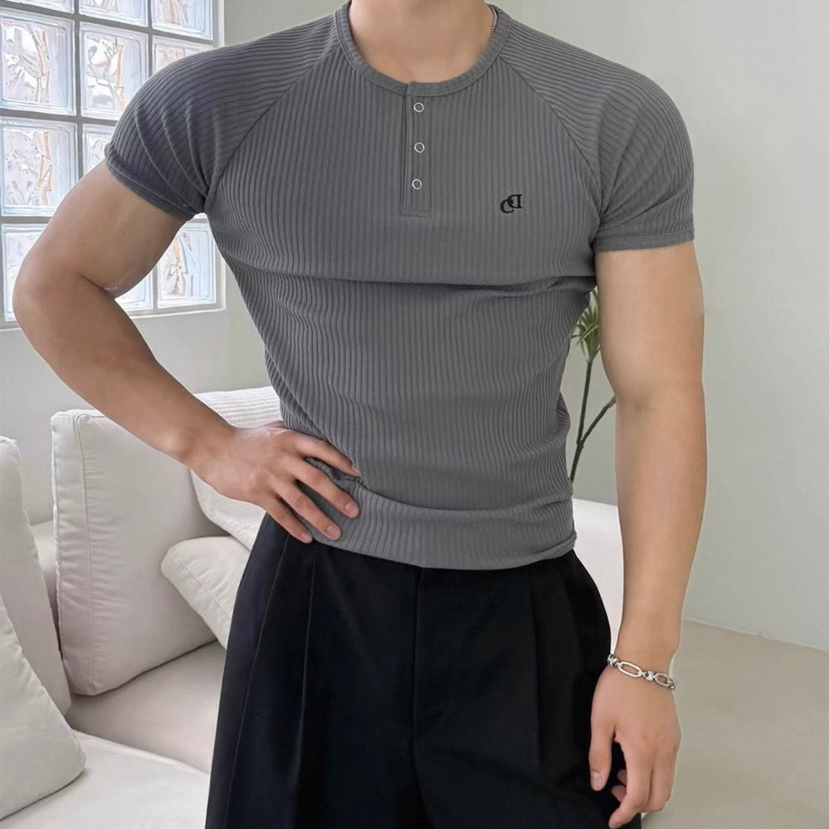 Textured Henley Short-Sleeve T-Shirt