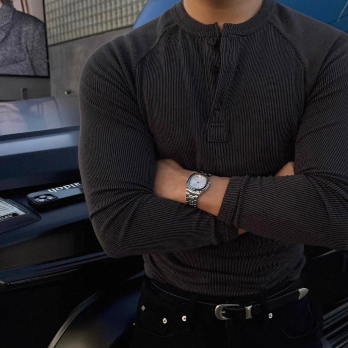 Muscle Fit Henley Neck Knit