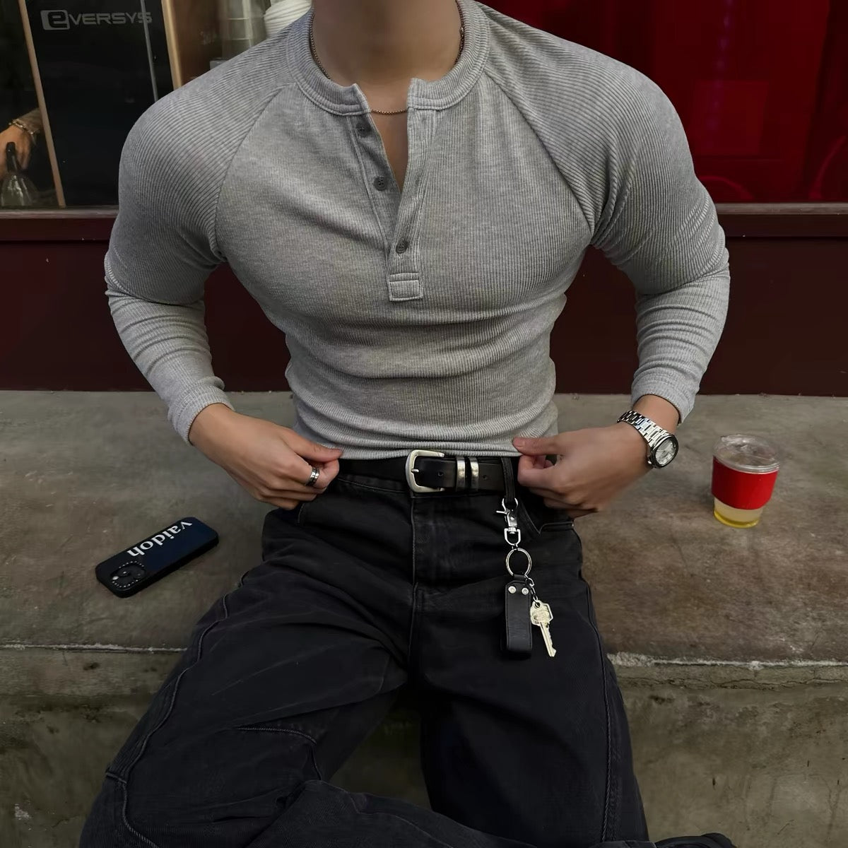 Muscle Fit Henley Neck Knit