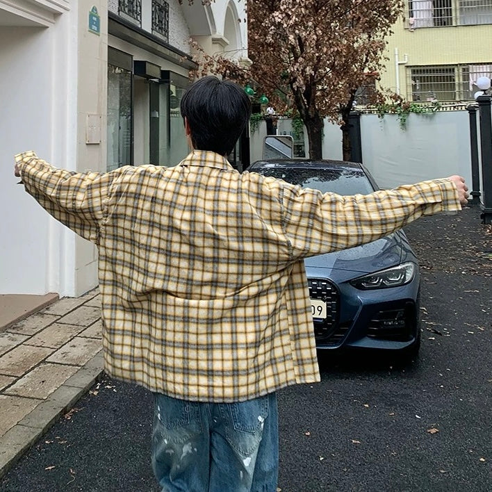 Korean loose yellow checked shirt