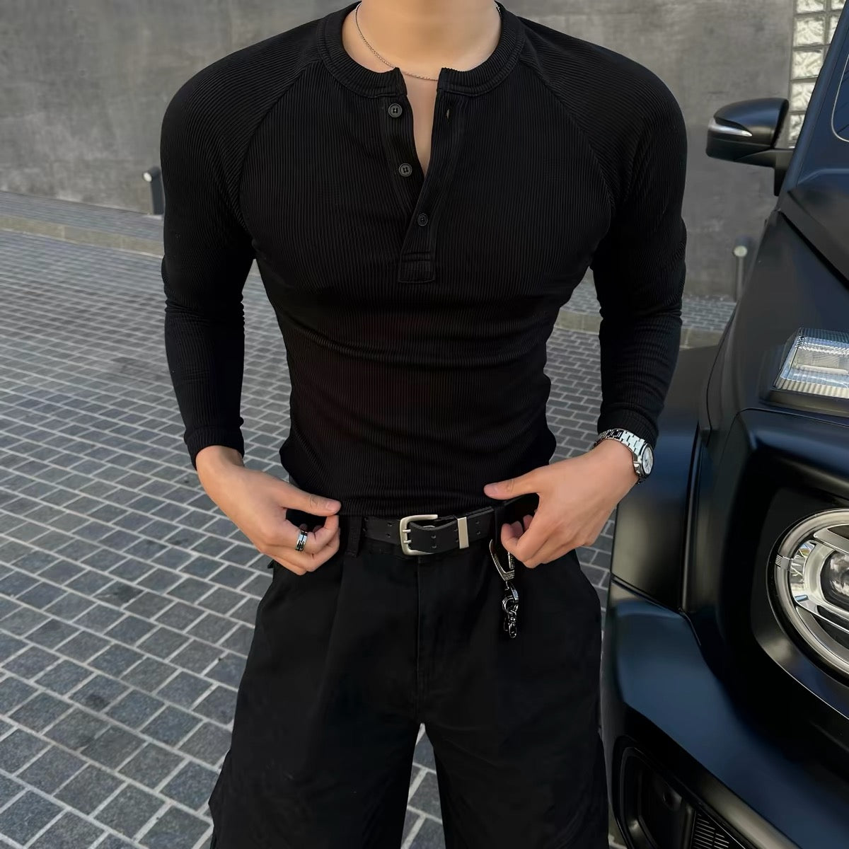Muscle Fit Henley Neck Knit