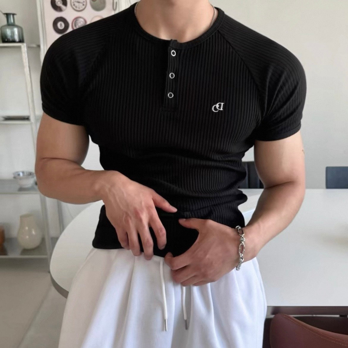 Textured Henley Short-Sleeve T-Shirt