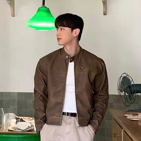Vintage Stand Collar Leather Jacket