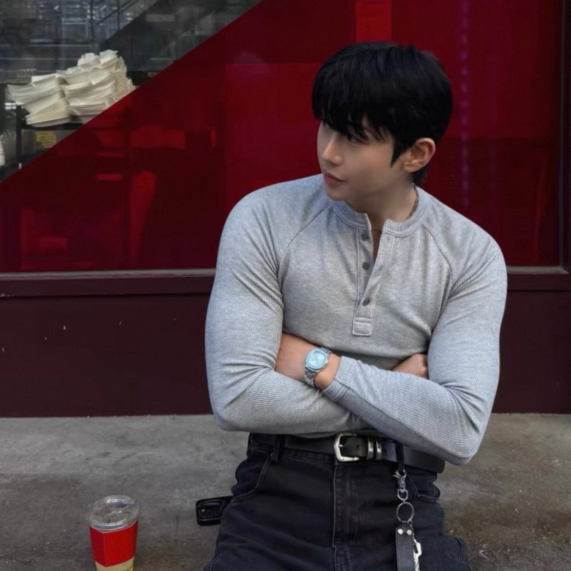 Muscle Fit Henley Neck Knit