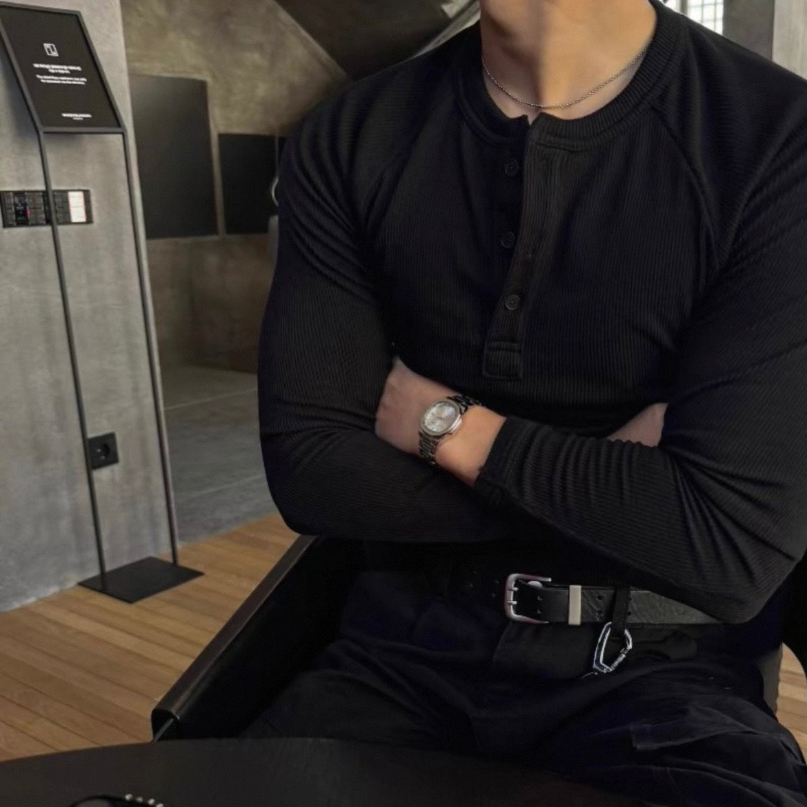 Muscle Fit Henley Neck Knit