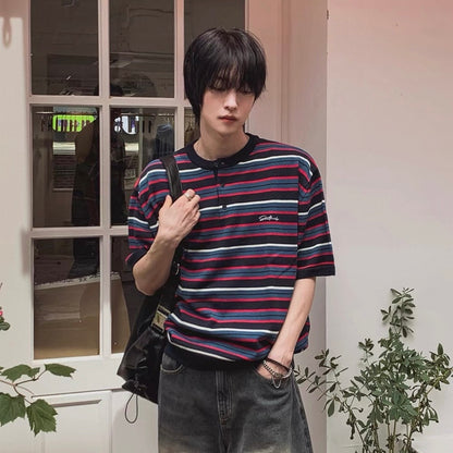 Retro Striped Henley T-Shirt
