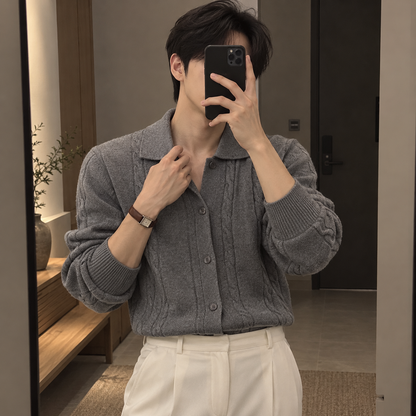 Lapel Twist Pattern Knit Sweater