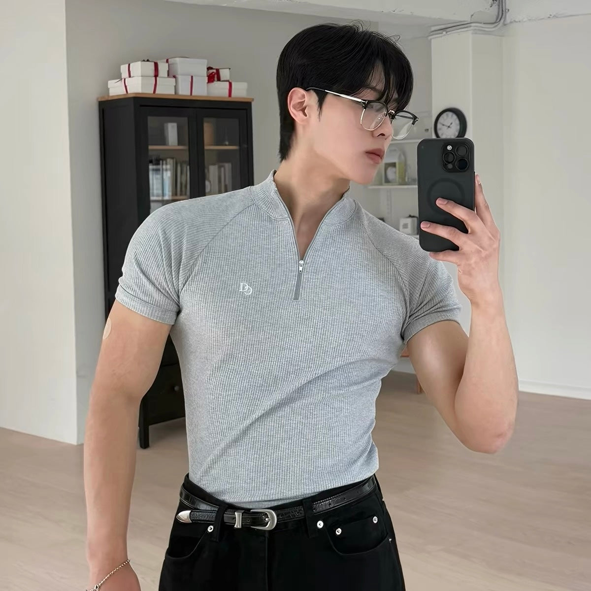 Textured Half-Zip Fitness T-Shirt
