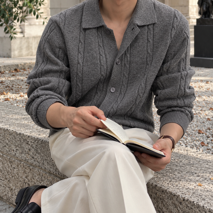 Lapel Twist Pattern Knit Sweater
