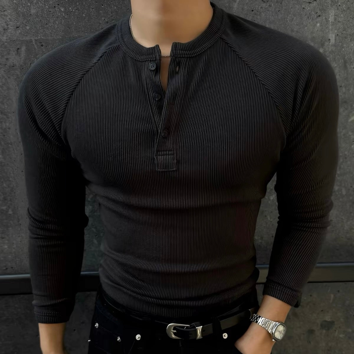 Muscle Fit Henley Neck Knit