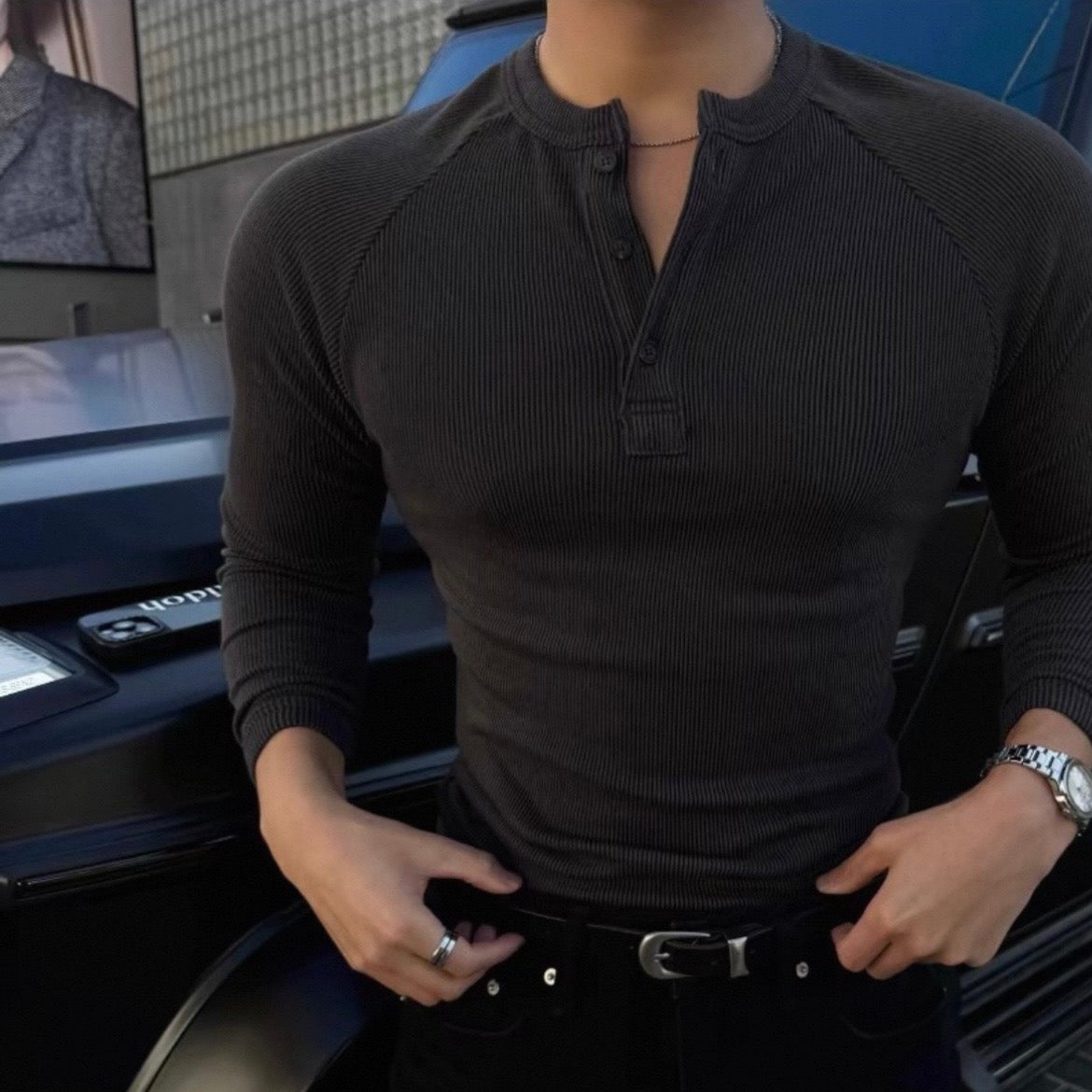 Muscle Fit Henley Neck Knit