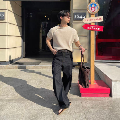 Contrast Stitch Wide Denim Pants