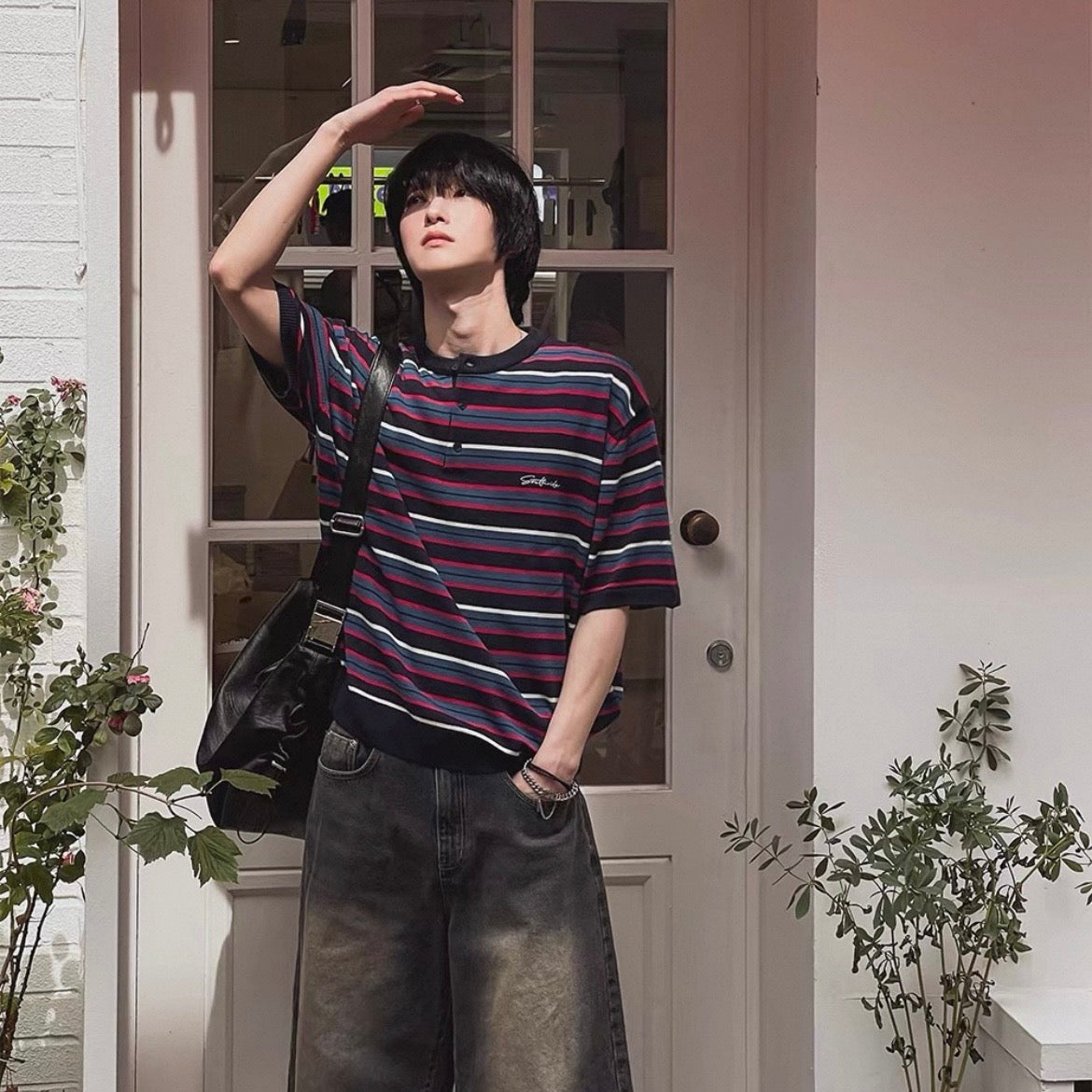 Retro Striped Henley T-Shirt