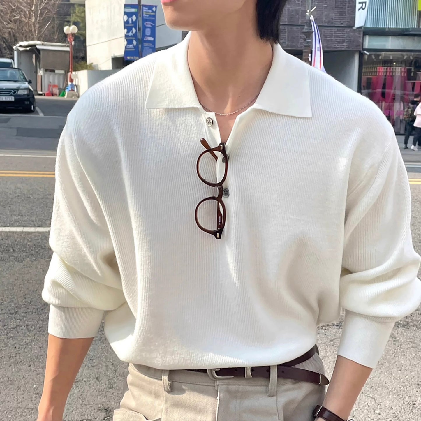 Lapel Casual White Knit