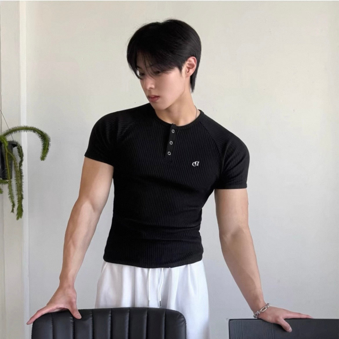 Textured Henley Short-Sleeve T-Shirt