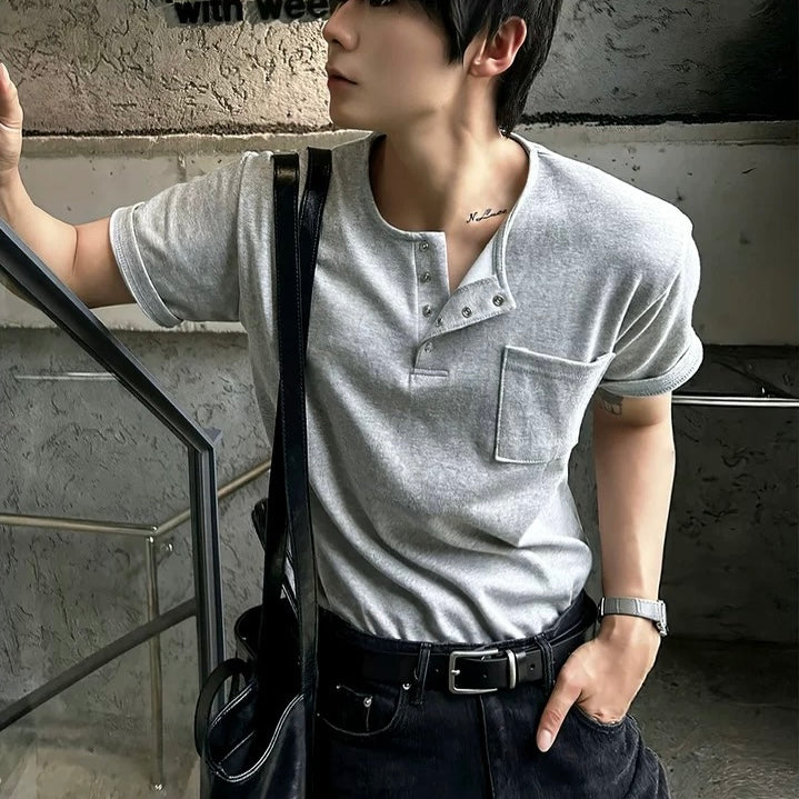 Men's Dark Gray Summer Henley T-Shirt