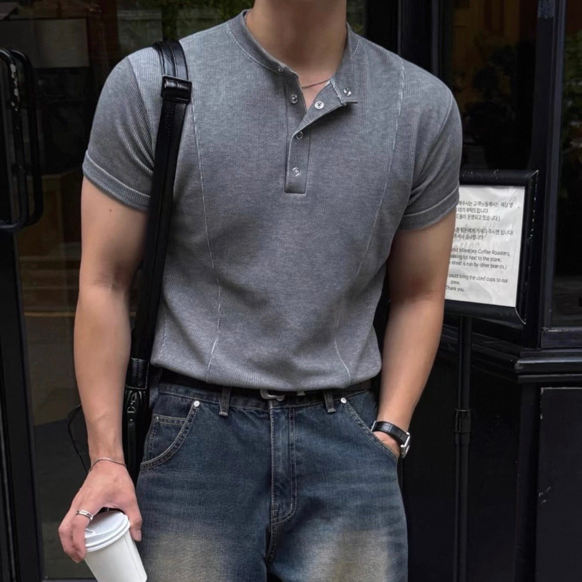 Slim Fit Half-Button T-Shirt