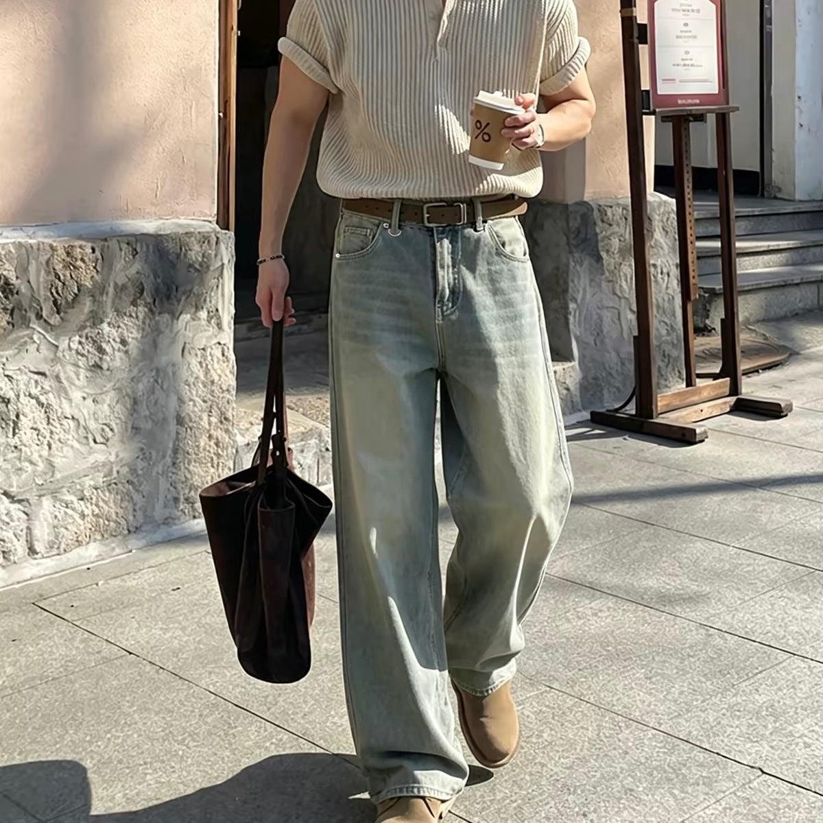 Vintage Wash Wide Denim Pants