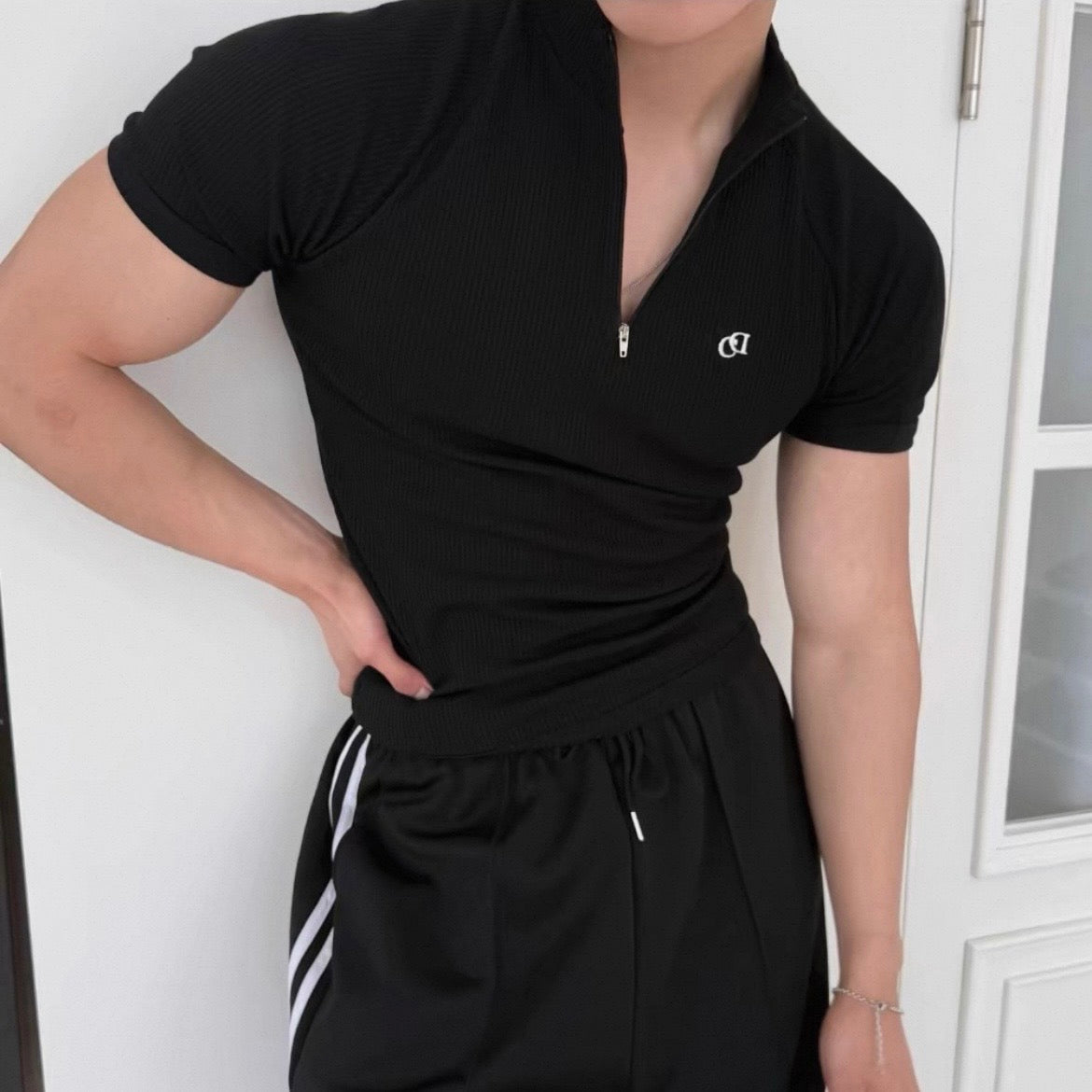 Textured Half-Zip Fitness T-Shirt
