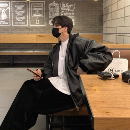 Trendy Hooded Leather Jacket