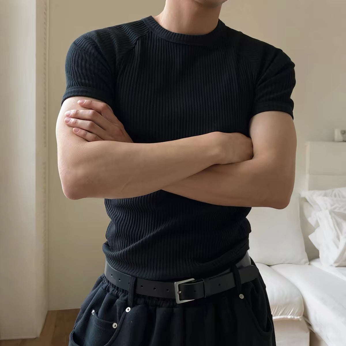 Textured Ribbed Slim-Fit T-Shirt