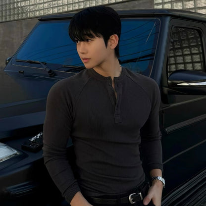 Muscle Fit Henley Neck Knit