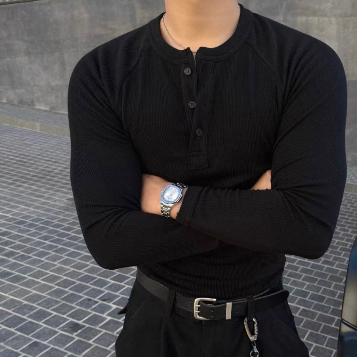 Muscle Fit Henley Neck Knit