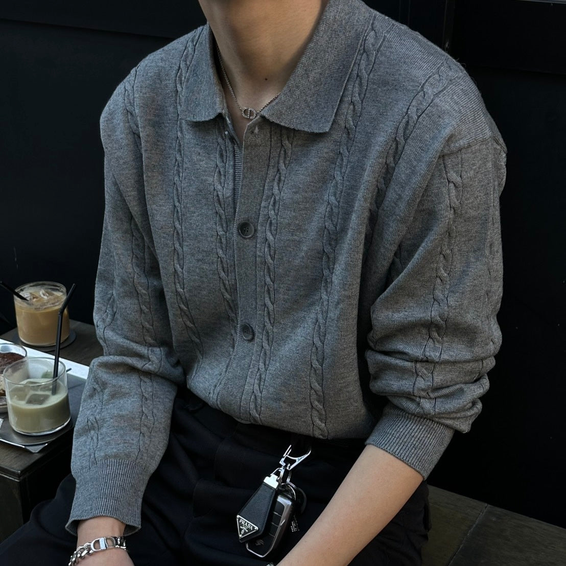 Lapel Twist Pattern Knit Sweater