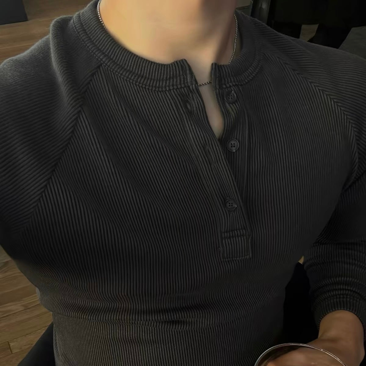 Muscle Fit Henley Neck Knit