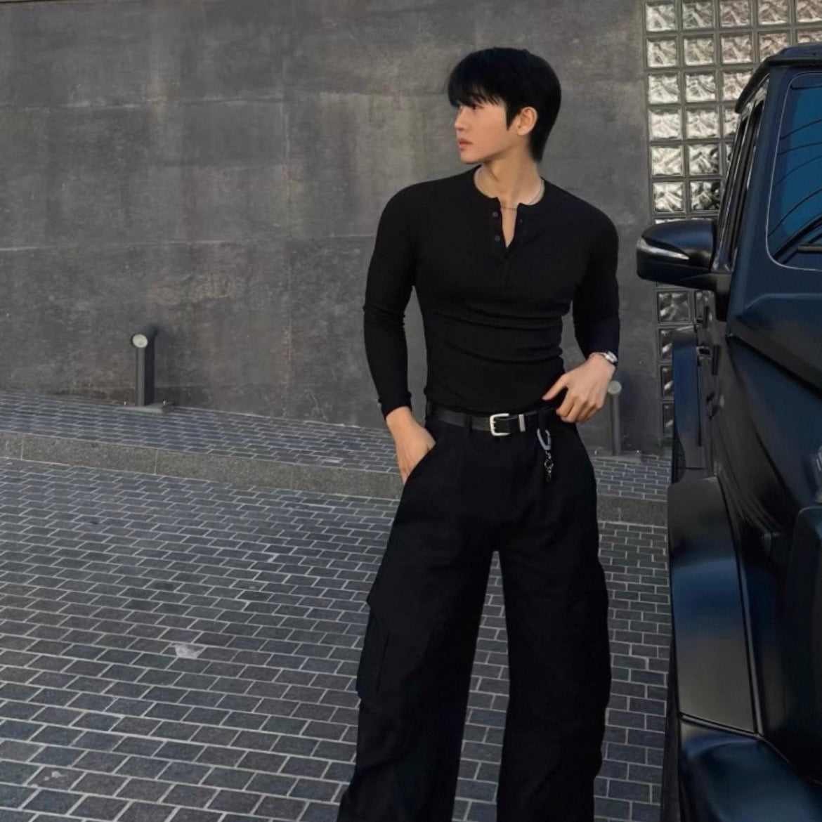 Muscle Fit Henley Neck Knit