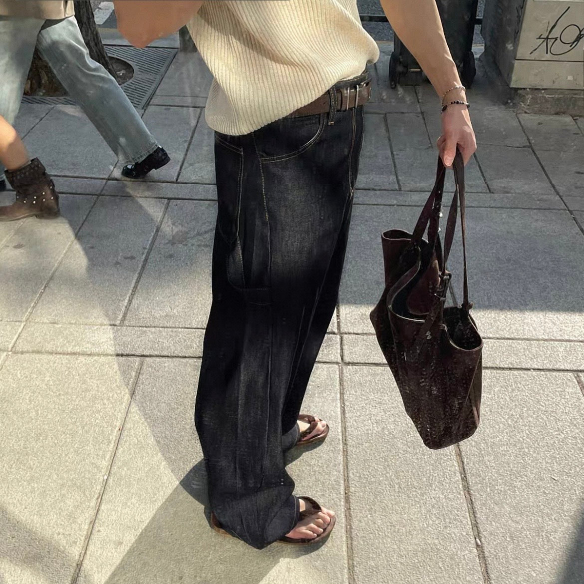 Contrast Stitch Wide Denim Pants