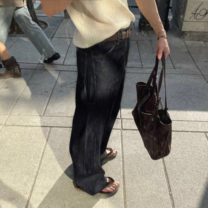 Contrast Stitch Wide Denim Pants