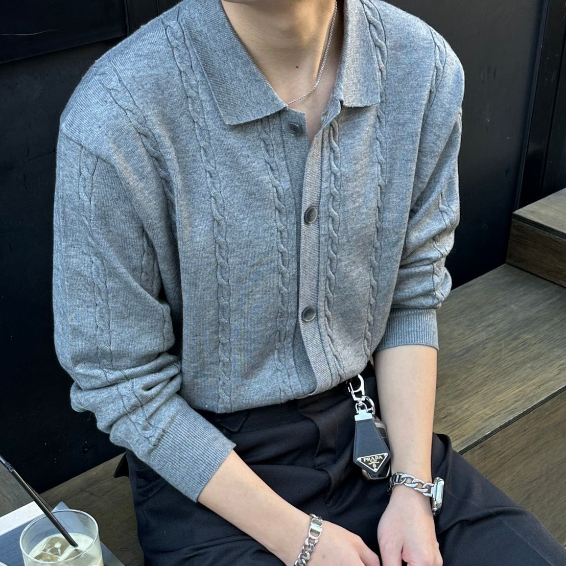 Lapel Twist Pattern Knit Sweater