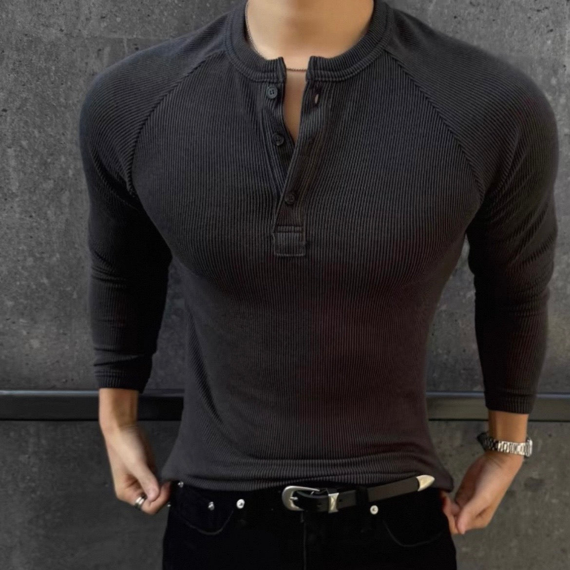 Muscle Fit Henley Neck Knit