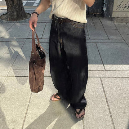 Contrast Stitch Wide Denim Pants
