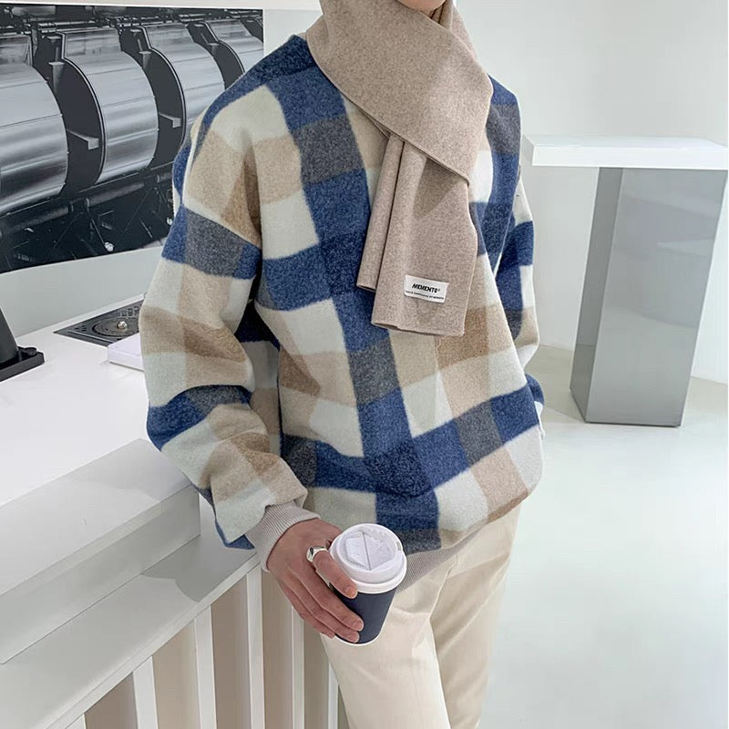 Loose round neck plaid jacket