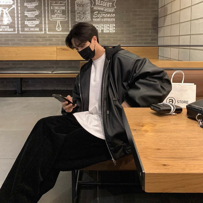 Trendy Hooded Leather Jacket