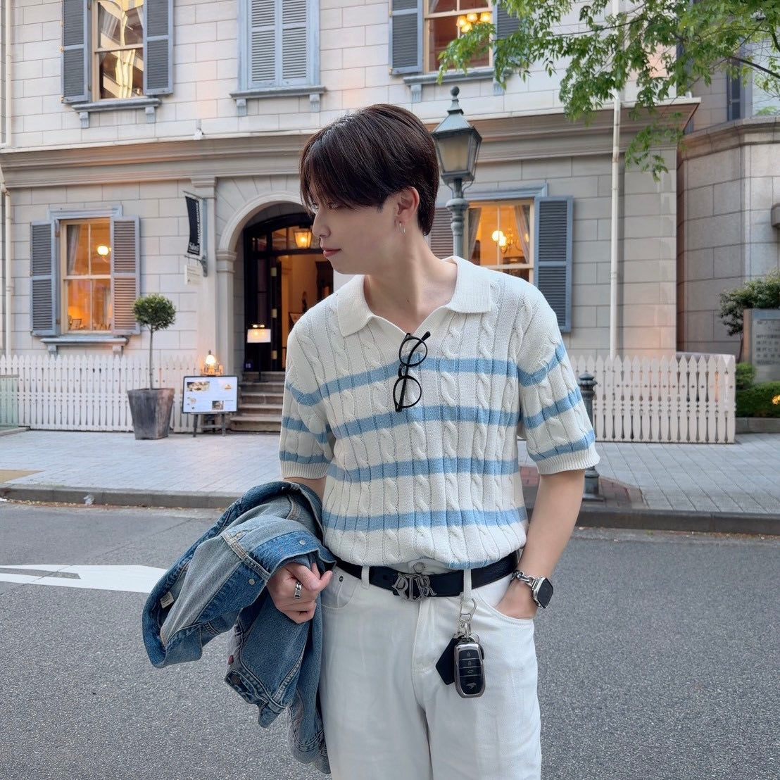 Short-Sleeved Stripe Trend Knit